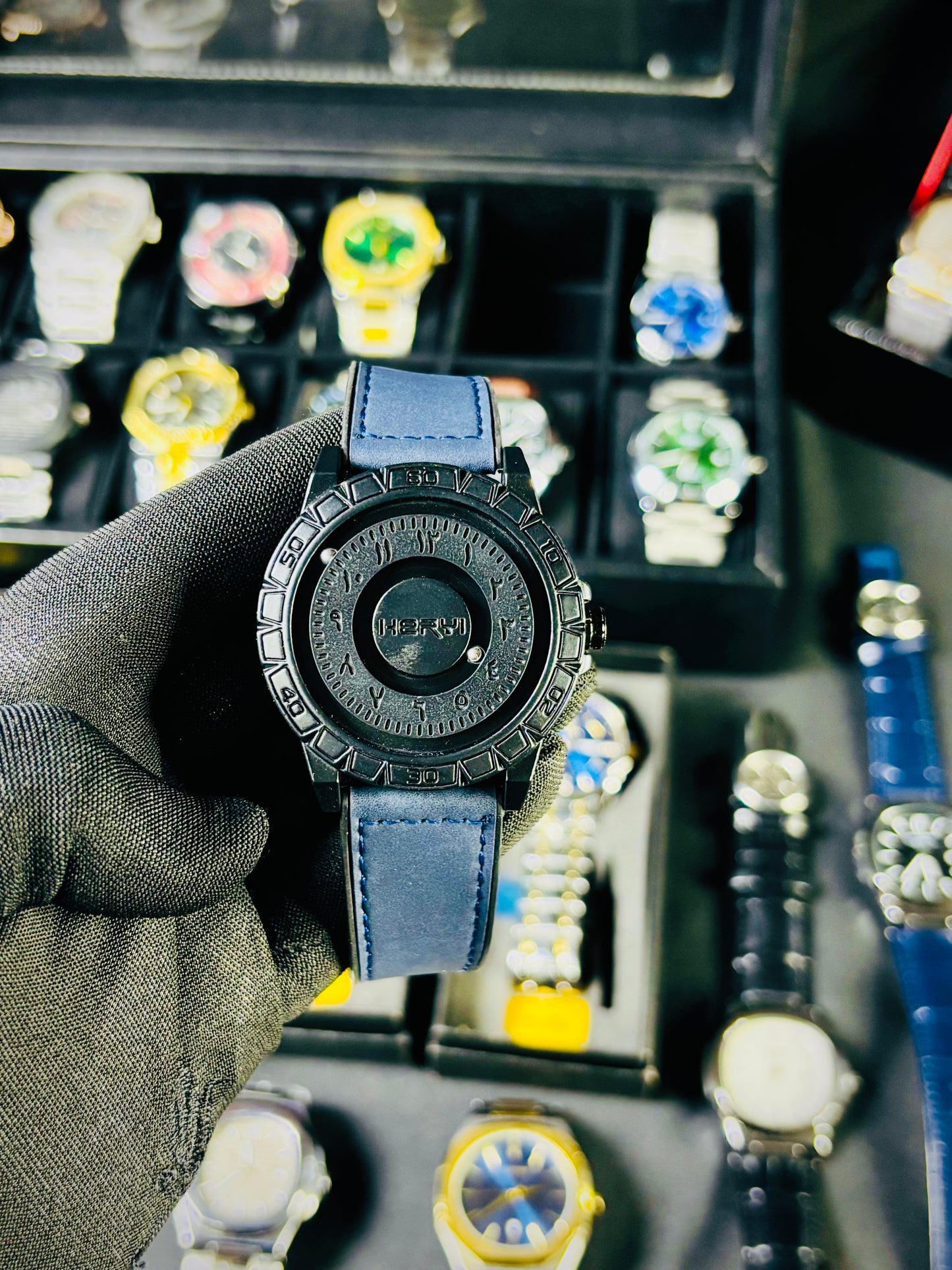 Close-up of magnetic lock on Bearing Magnetic Watch men’s wristwatch