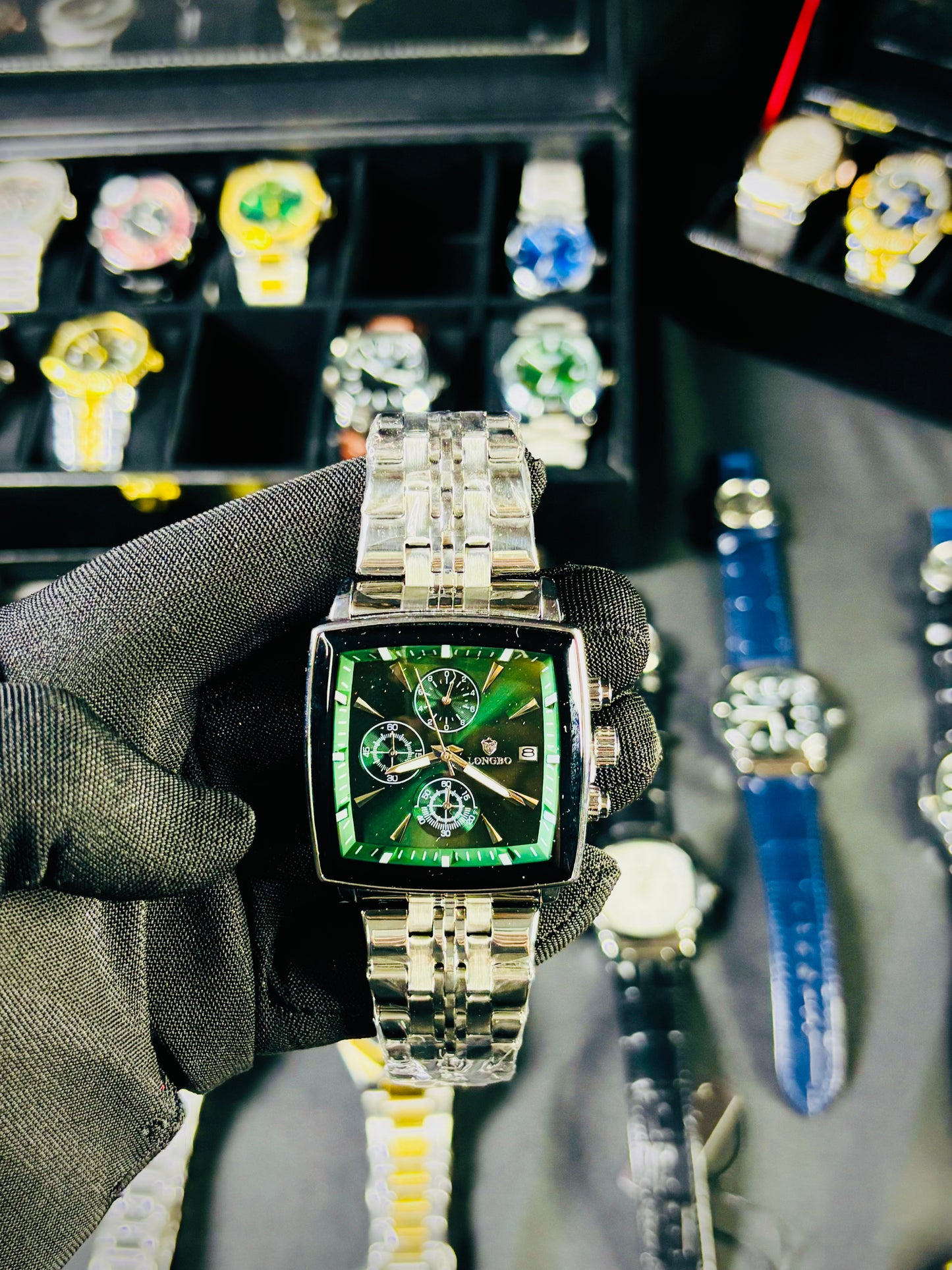 “Close-up of LOBO watch dial and stainless casing”